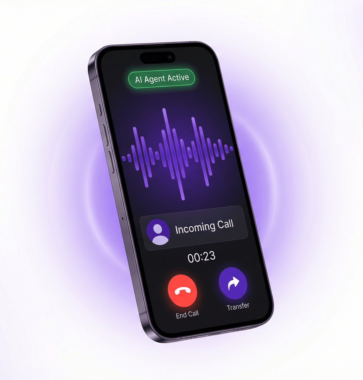 Smartphone showing Chatley AI voice agent during an active call with waveform and controls
