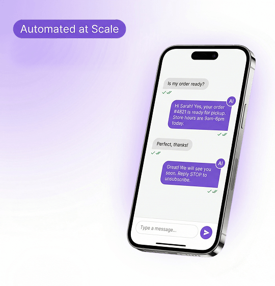 Smartphone showing SMS-style two-way conversation with Chatley AI messaging