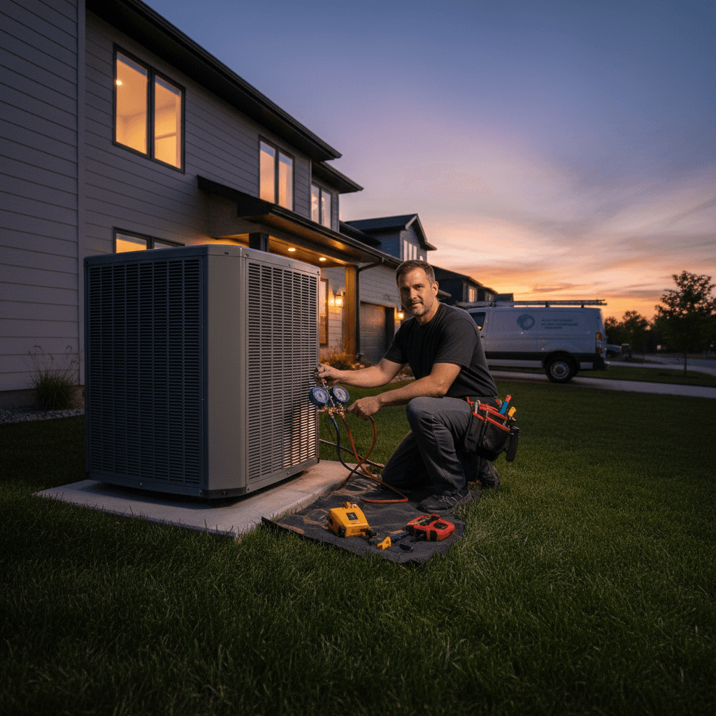 HVAC technician servicing outdoor AC unit at sunset
