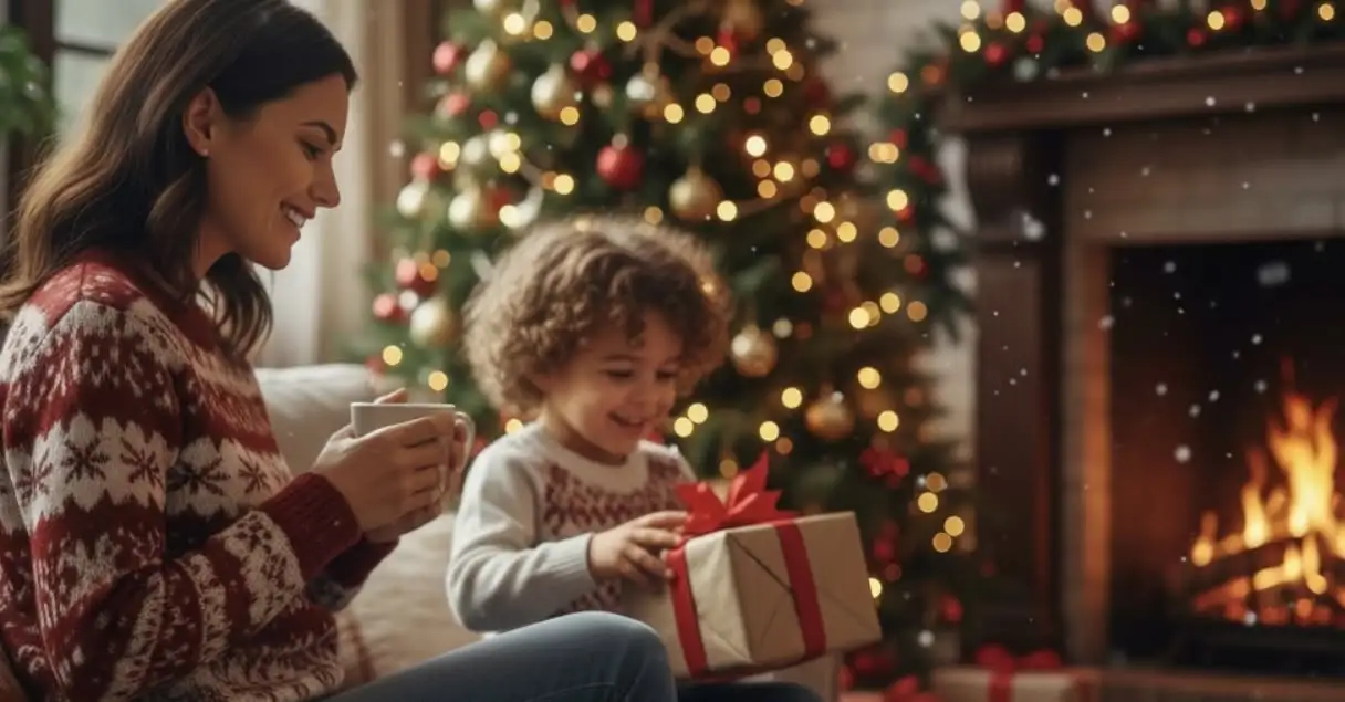 Mother and child enjoying a peaceful Christmas by a fireplace and tree, highlighting holiday presence for small business owners using an AI virtual receptionist.
